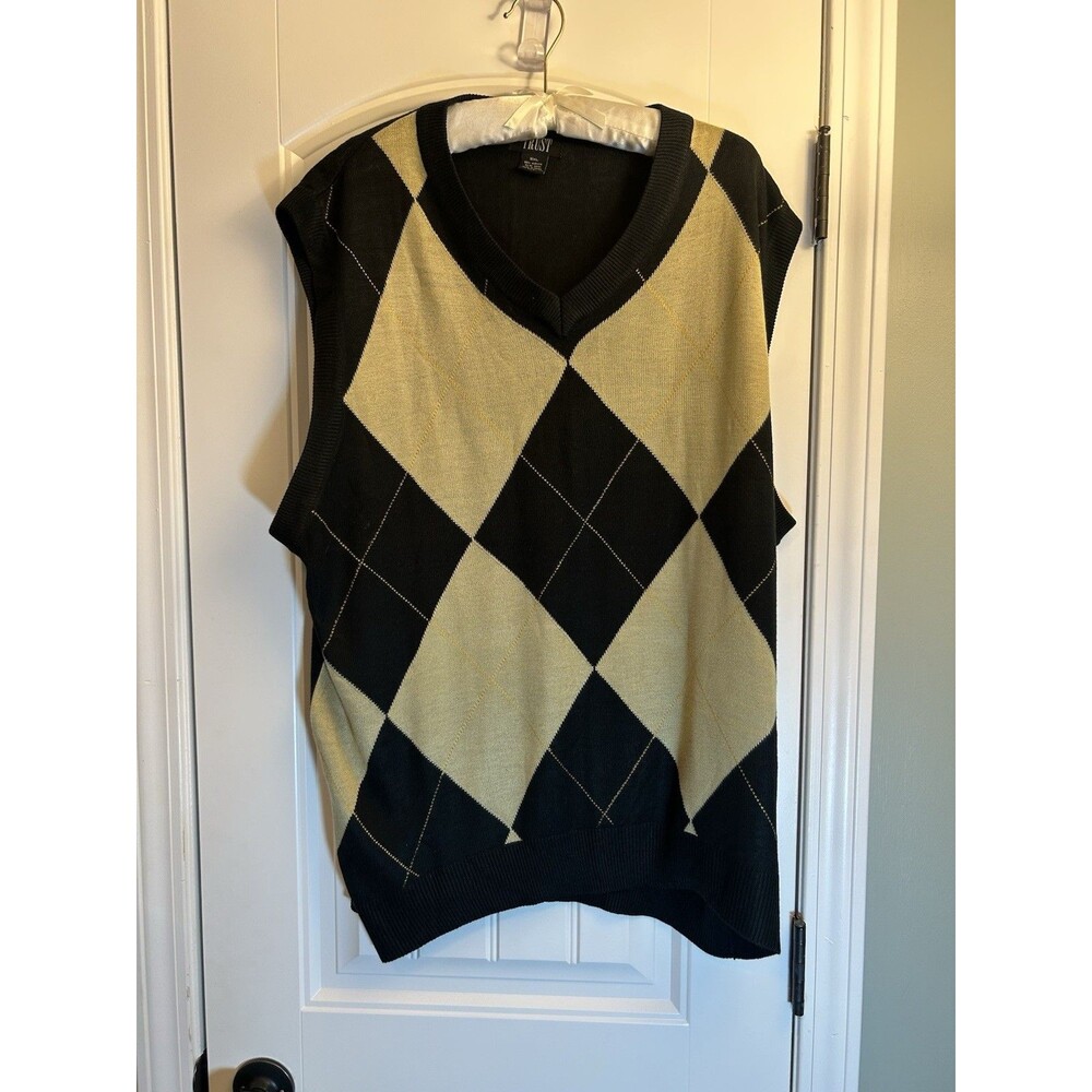 Trust 2XL Black Argyle Sweater Vest V Neck Preppy Golf Grandpa Core Knit Top - Picture 2 of 13